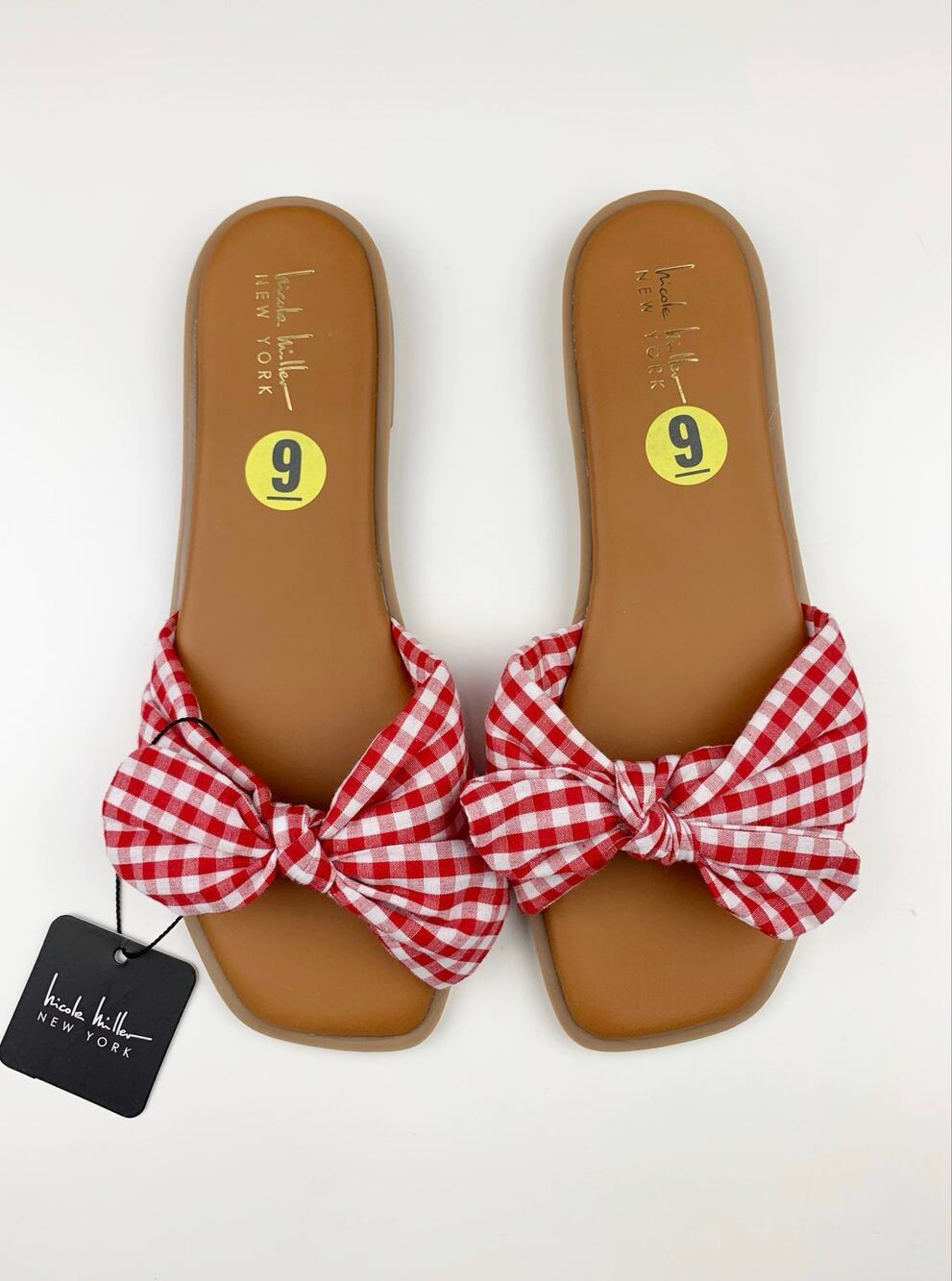 New Nicole Miller Gingy Slides Sandals Red White Check Gingham Flats Women's 9